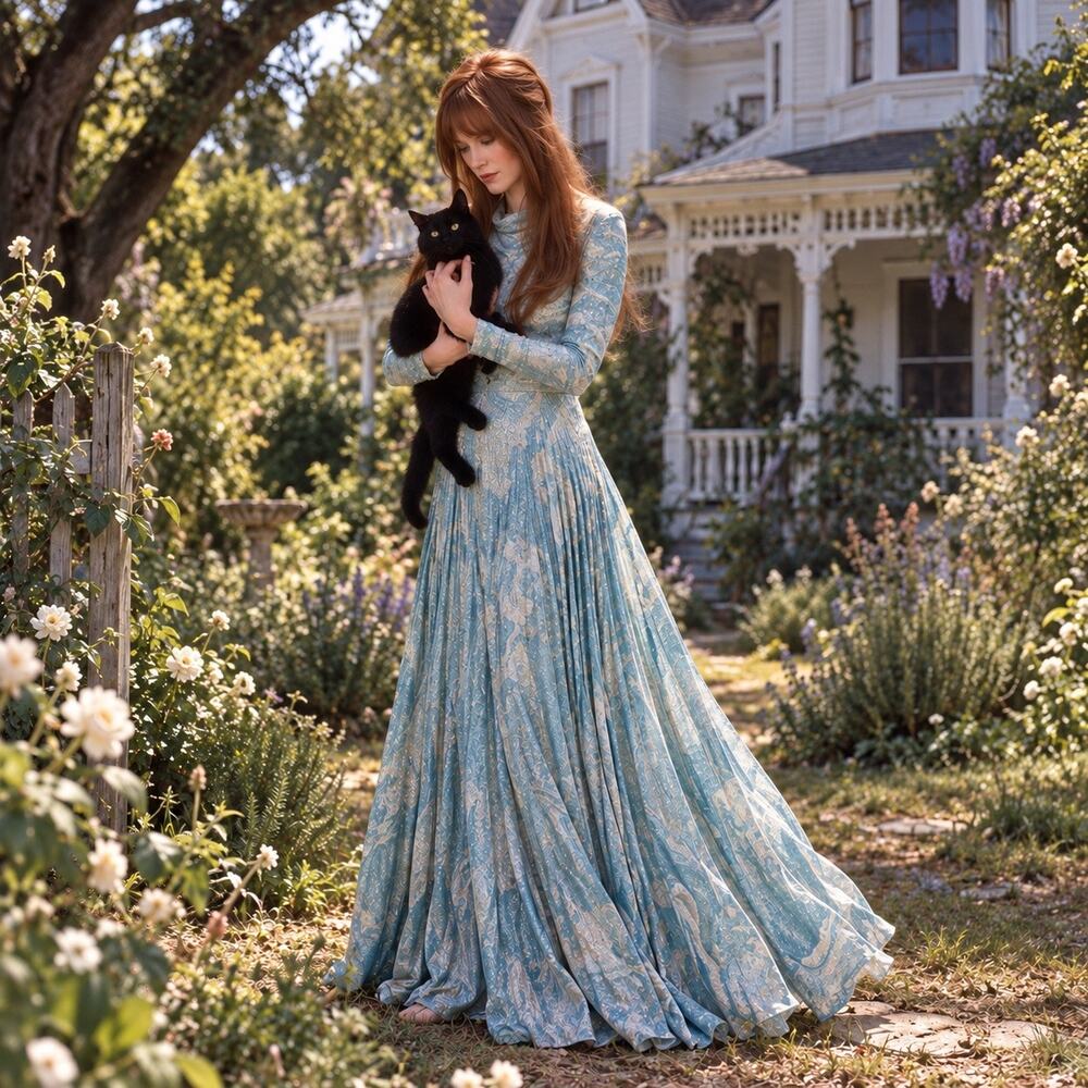 Vintage 1970s Carillon New York Blue Silver Lurex Pleated Maxi Gown